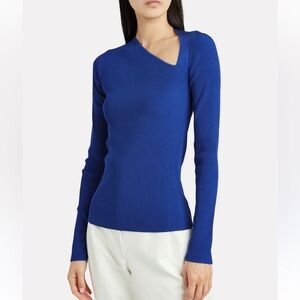 Helmut Lang Electric Blue Asymmetric Neck Ribbed Long-Sleeve Top